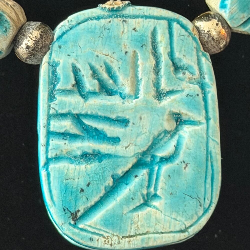 Vintage Egyptian Revival Turquoise Faience Scarab Statement Necklace Description - Picture 3 of 5